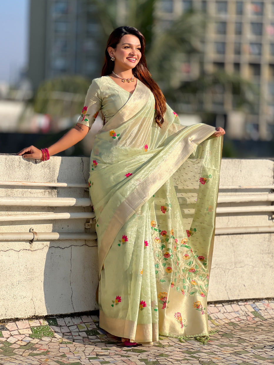 Pista Pure Organza Silk Meenakari Jamdani Zari Woven Organza Saree