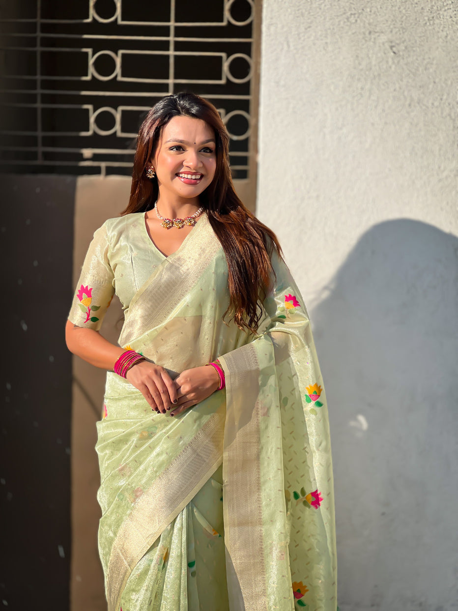 Pista Pure Organza Silk Meenakari Jamdani Zari Woven Organza Saree