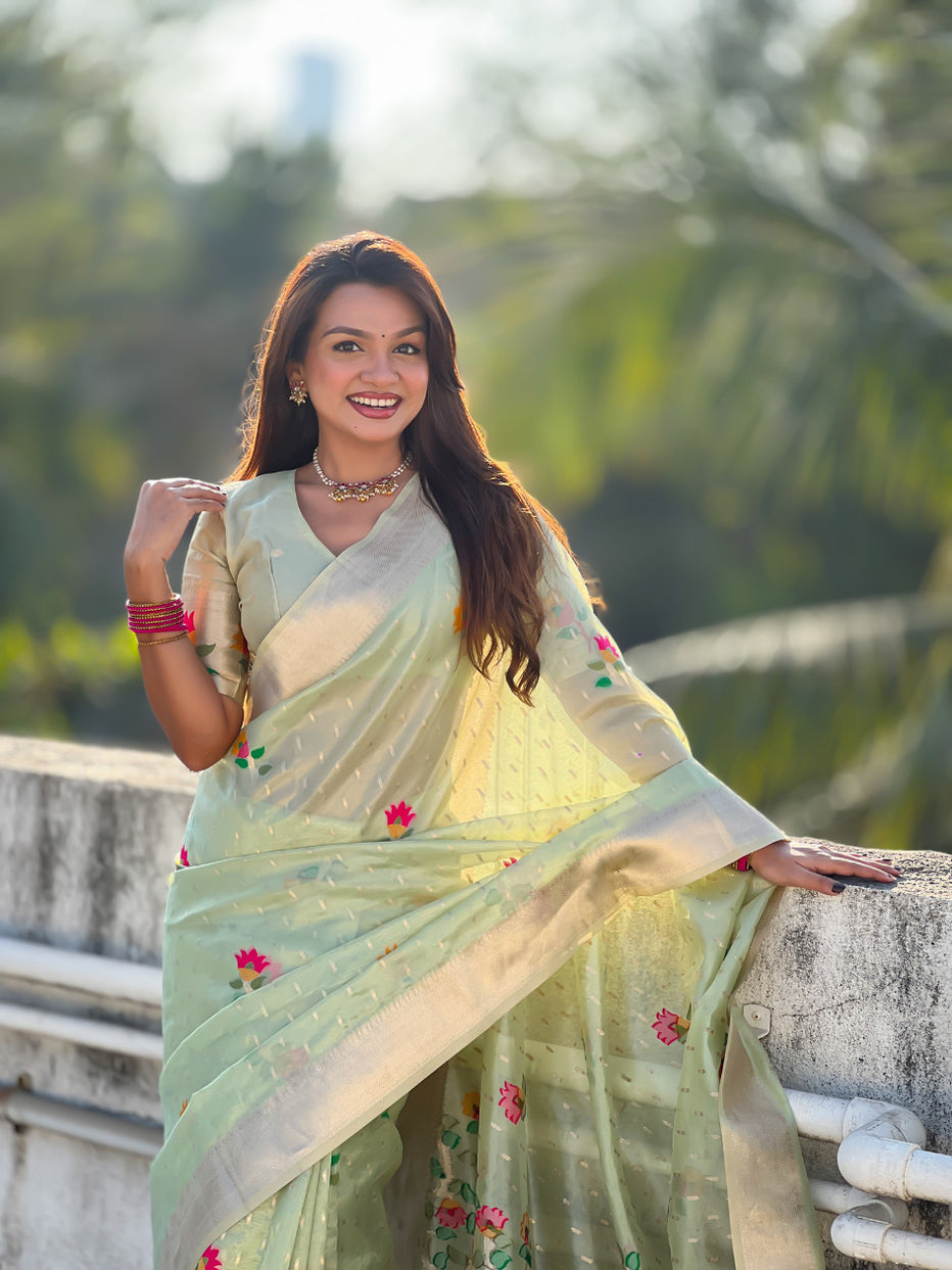Pista Pure Organza Silk Meenakari Jamdani Zari Woven Organza Saree