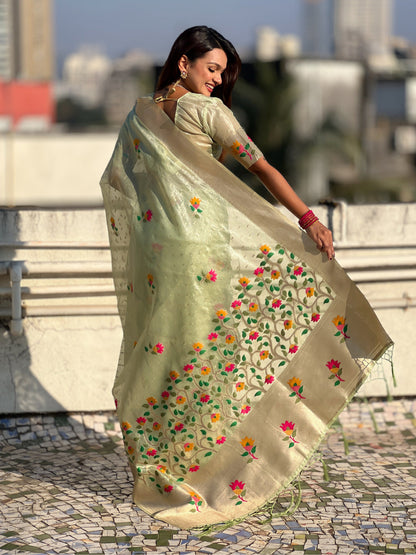 Pista Pure Organza Silk Meenakari Jamdani Zari Woven Organza Saree