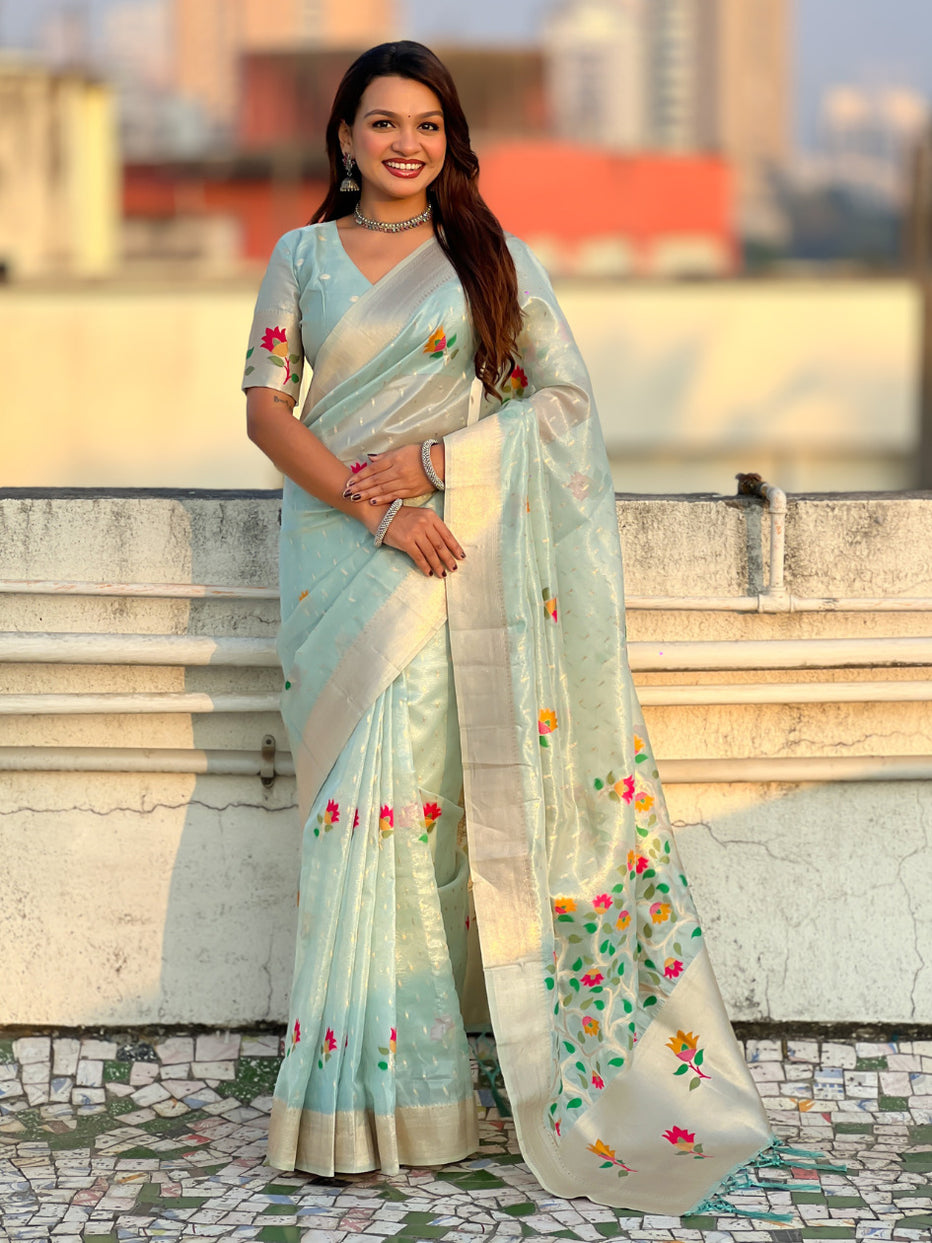 Sky Pure Organza Silk Meenakari Jamdani Zari Woven Organza Saree