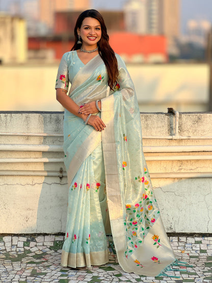 Sky Pure Organza Silk Meenakari Jamdani Zari Woven Organza Saree
