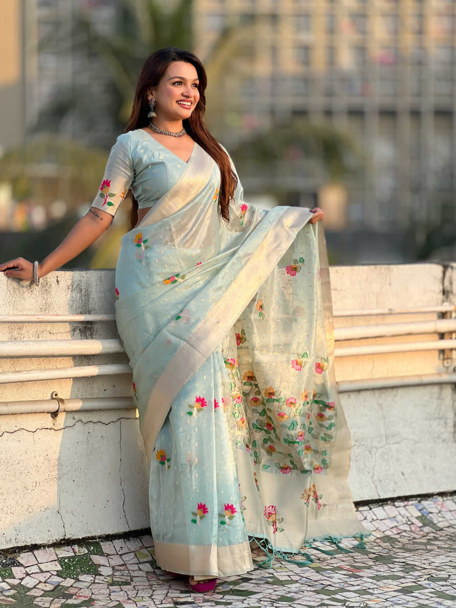 Sky Pure Organza Silk Meenakari Jamdani Zari Woven Organza Saree