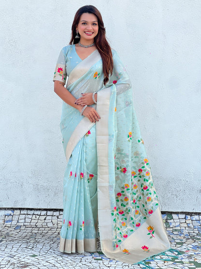 Sky Pure Organza Silk Meenakari Jamdani Zari Woven Organza Saree