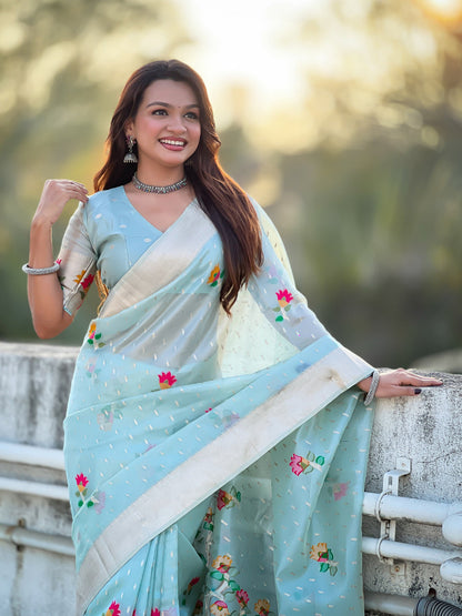 Sky Pure Organza Silk Meenakari Jamdani Zari Woven Organza Saree