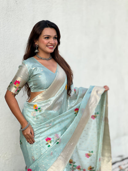 Sky Pure Organza Silk Meenakari Jamdani Zari Woven Organza Saree