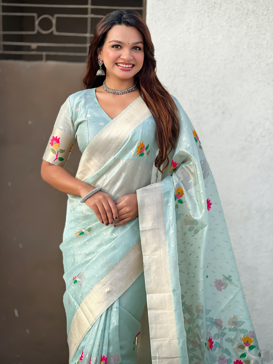 Sky Pure Organza Silk Meenakari Jamdani Zari Woven Organza Saree