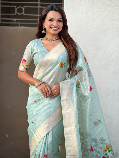 Sky Pure Organza Silk Meenakari Jamdani Zari Woven Organza Saree