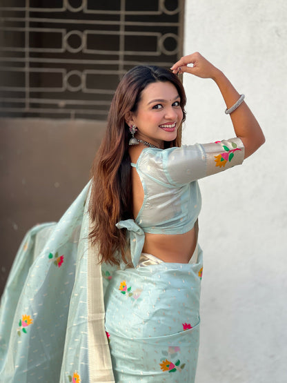 Sky Pure Organza Silk Meenakari Jamdani Zari Woven Organza Saree