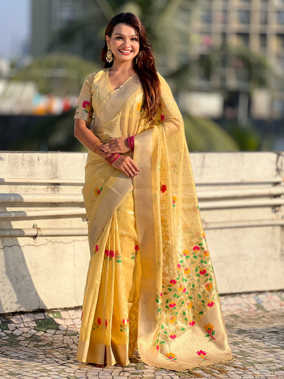 Yellow Organza Silk Meenakari Jamdani Zari Woven Organza Saree