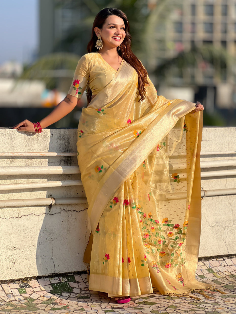 Yellow Organza Silk Meenakari Jamdani Zari Woven Organza Saree