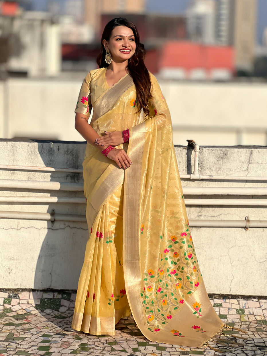 Yellow Organza Silk Meenakari Jamdani Zari Woven Organza Saree