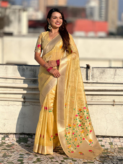 Yellow Organza Silk Meenakari Jamdani Zari Woven Organza Saree