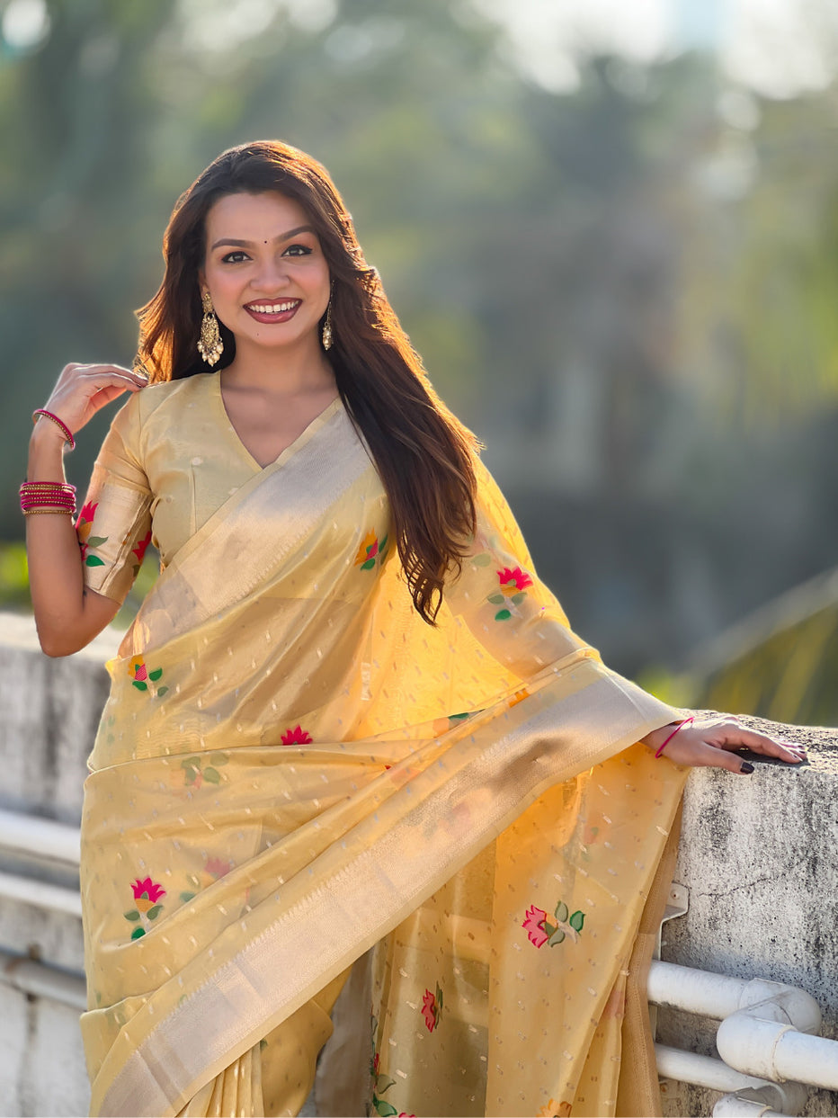 Yellow Organza Silk Meenakari Jamdani Zari Woven Organza Saree