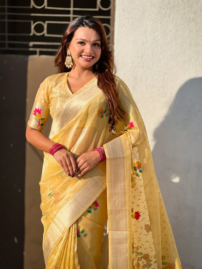 Yellow Organza Silk Meenakari Jamdani Zari Woven Organza Saree