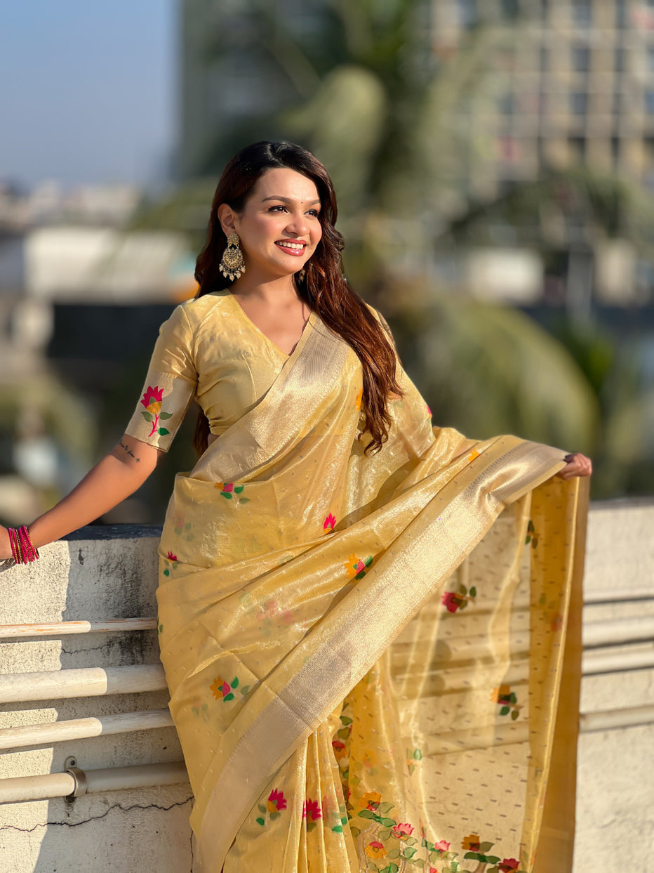 Yellow Organza Silk Meenakari Jamdani Zari Woven Organza Saree