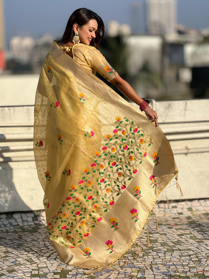 Yellow Organza Silk Meenakari Jamdani Zari Woven Organza Saree
