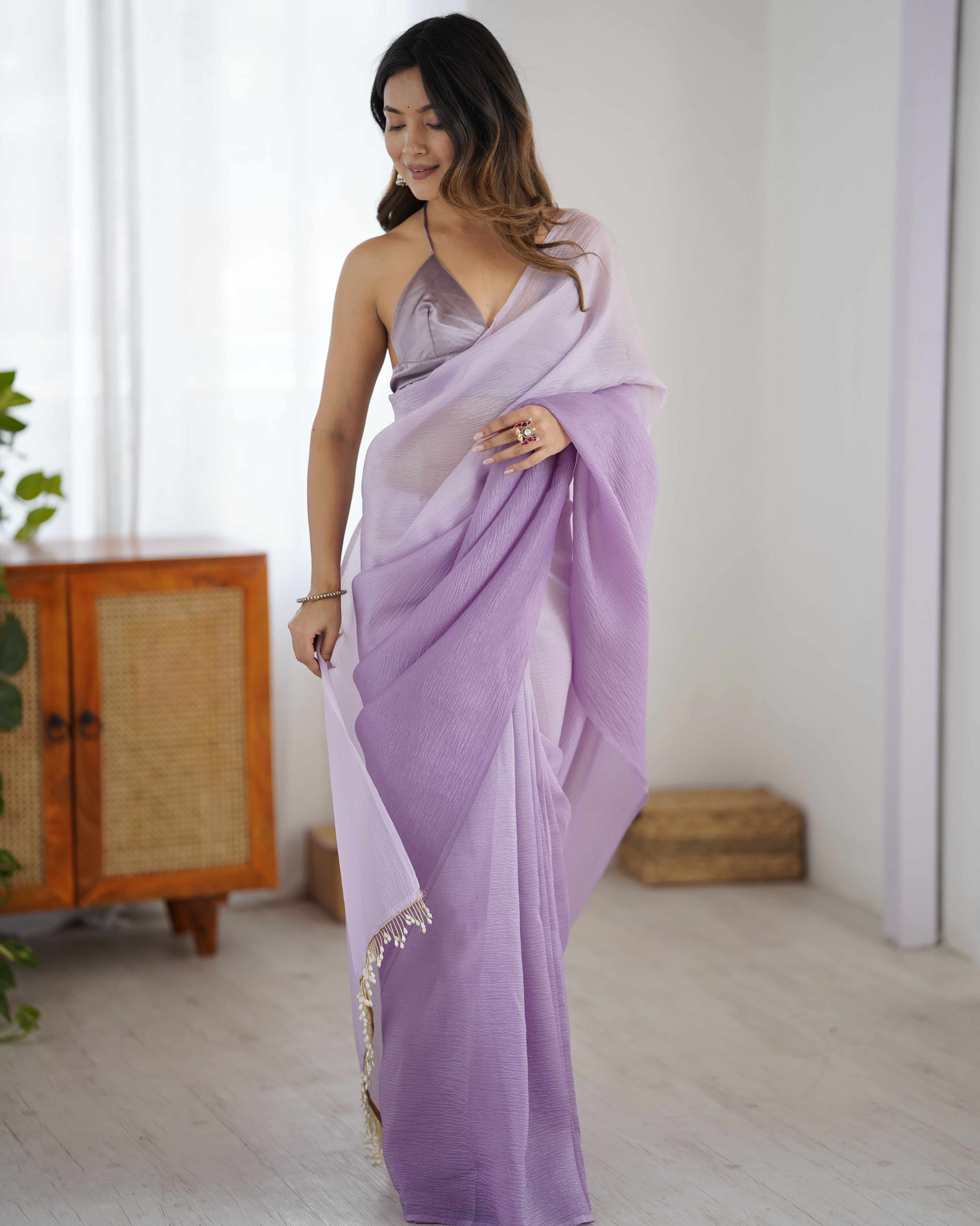 Lavender shaded Pure Soft Candy Crush Silk Ready to Wear Saree ##color## Ready to Wear Saree with premium fabric and embroidery