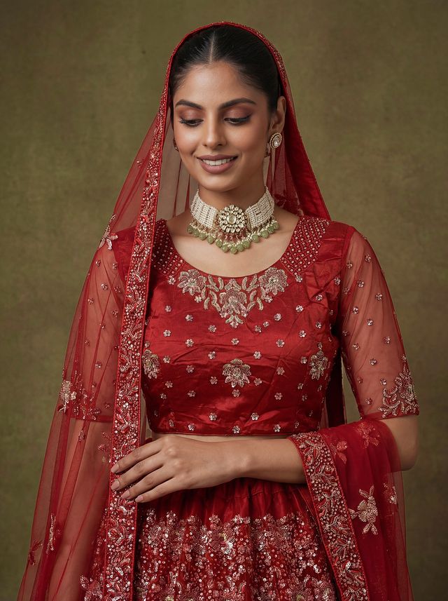 Red Pure Soft Heavy Net Sequins Embroidery Work Bridal Lehenga 