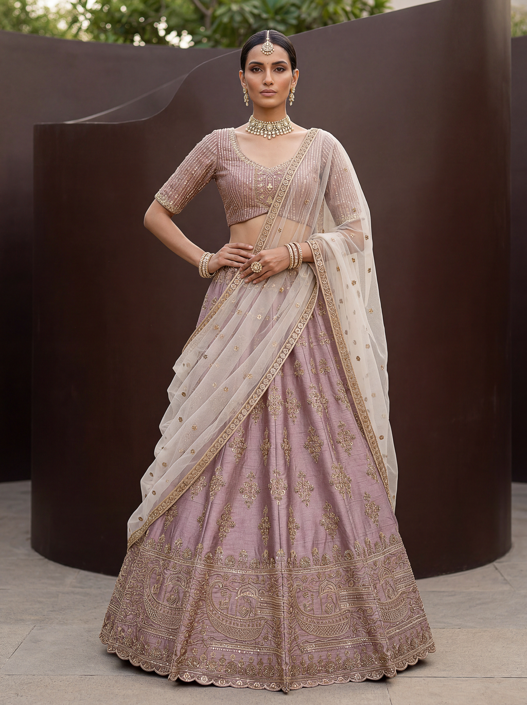 Powder Pink Pure Soft Heavy Silk Sequins Embroidery Work Bridal Lehenga 