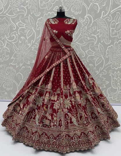 Red Pure Soft Multi Color Motif Multi thread Embroidery Sequins Work Bridal Lehenga Choli