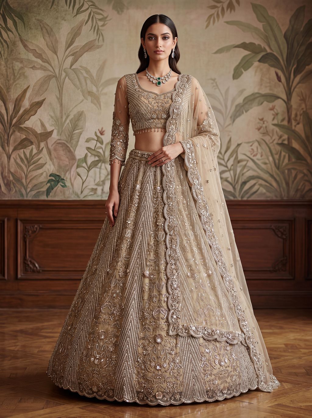 Golden Pure Soft Heavy Net Fancy Embroidery Work Bridal Lehenga Choli