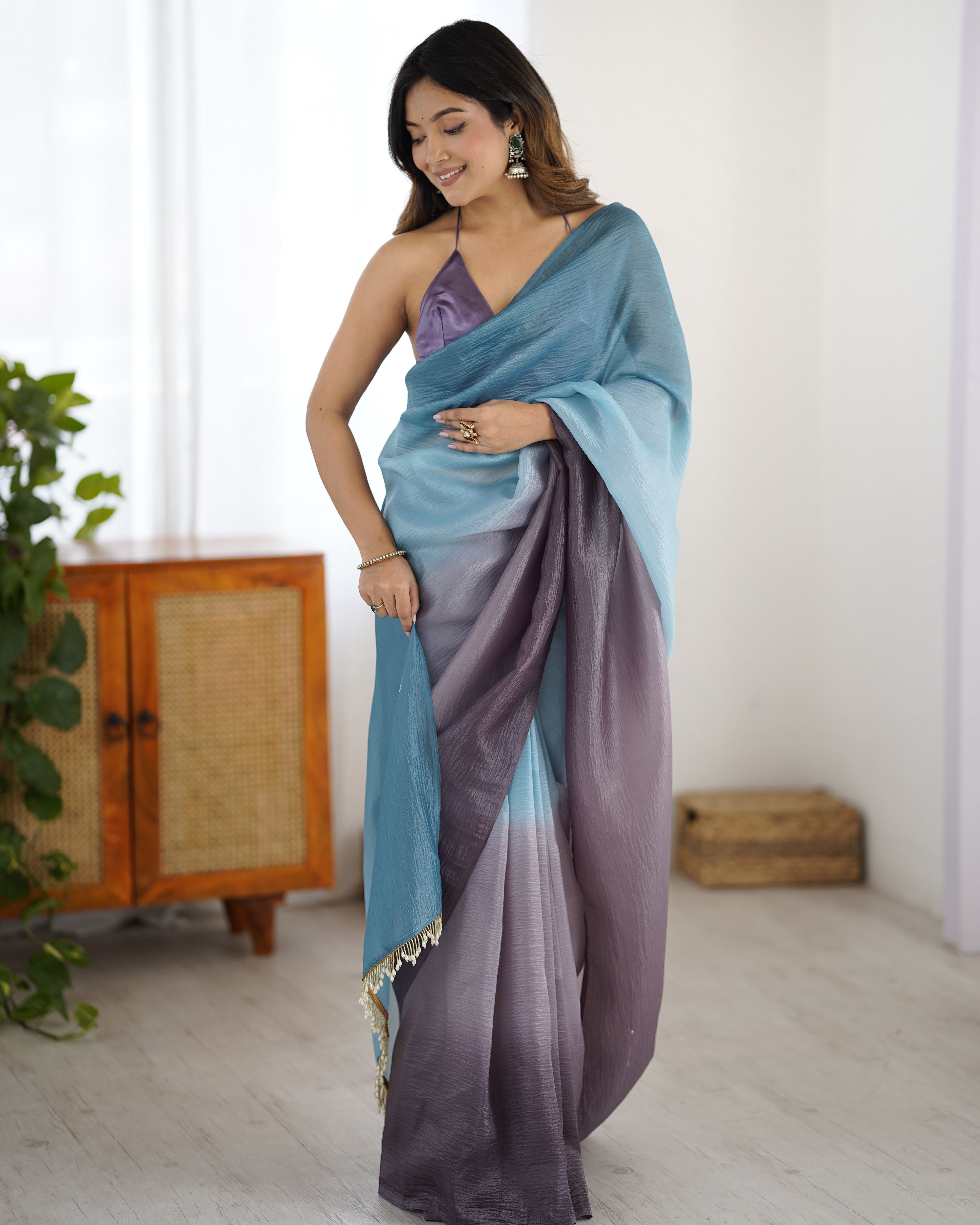 Grey shaded Pure Soft Candy Crush Silk Ready to Wear Saree ##color## Ready to Wear Saree with premium fabric and embroidery