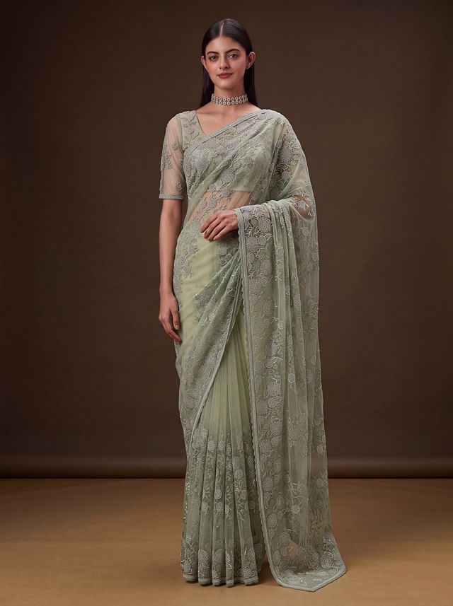 Olive Green Pure Premium Net Handwork Kasti &amp; Motif Zari Metallic Sequins Work Wedding Saree