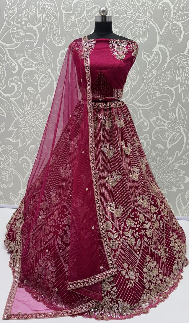 Rani Pure Heavy Net Motif Handwork Zari Sequins Work Bridal Lehenga Choli