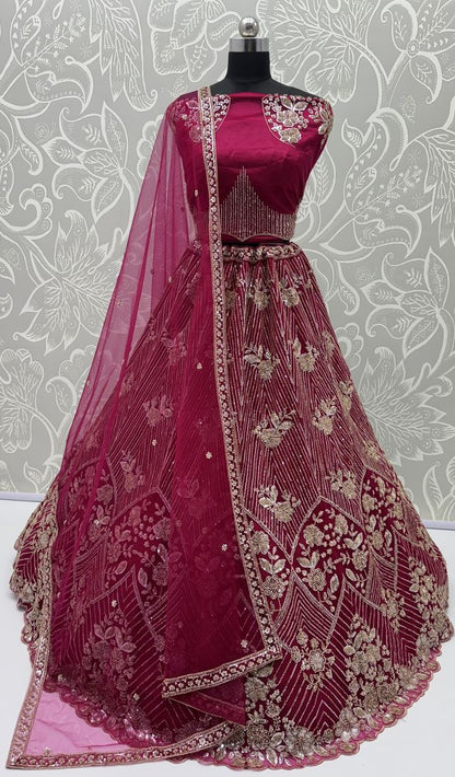 Rani Pure Heavy Net Motif Handwork Zari Sequins Work Bridal Lehenga Choli