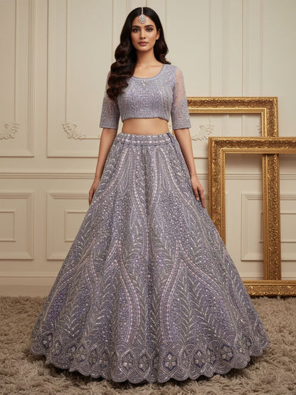 Lilac Pure Soft Heavy net Silk Heavy Embroidery Work Bridal Lehenga
