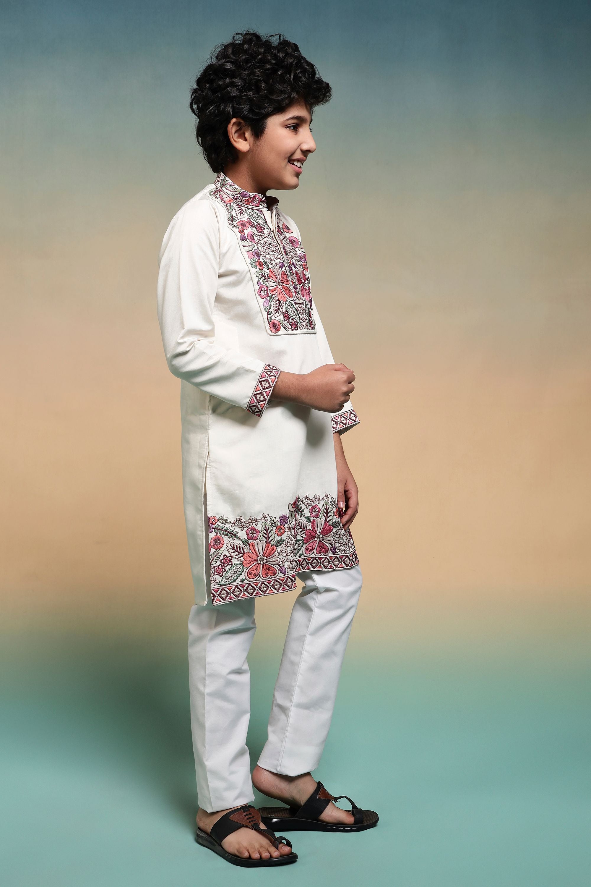 White Pure Viscose Silk Kids Boy Kurta Pajama 