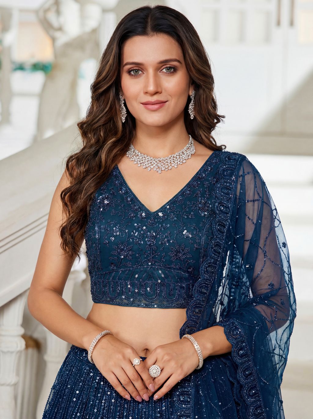 Blue Pure Soft Net Heavy Embroidery Work Bridal Lehenga 