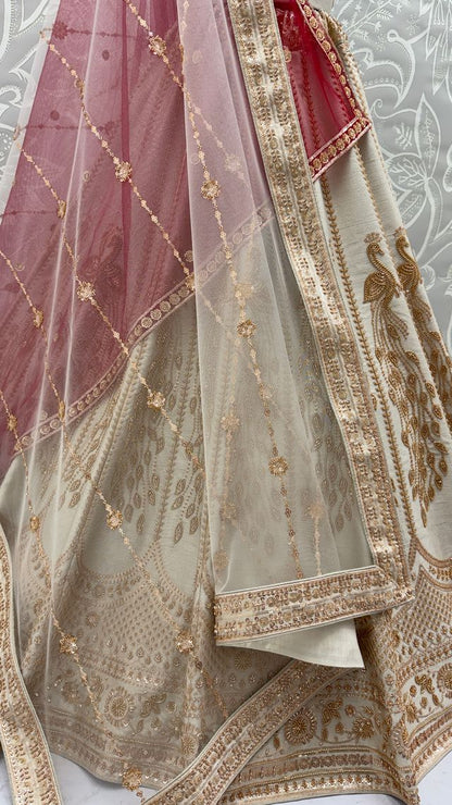 Off White Pure Soft Heavy Net Sequins Embroidery Work Bridal Lehenga Choli 