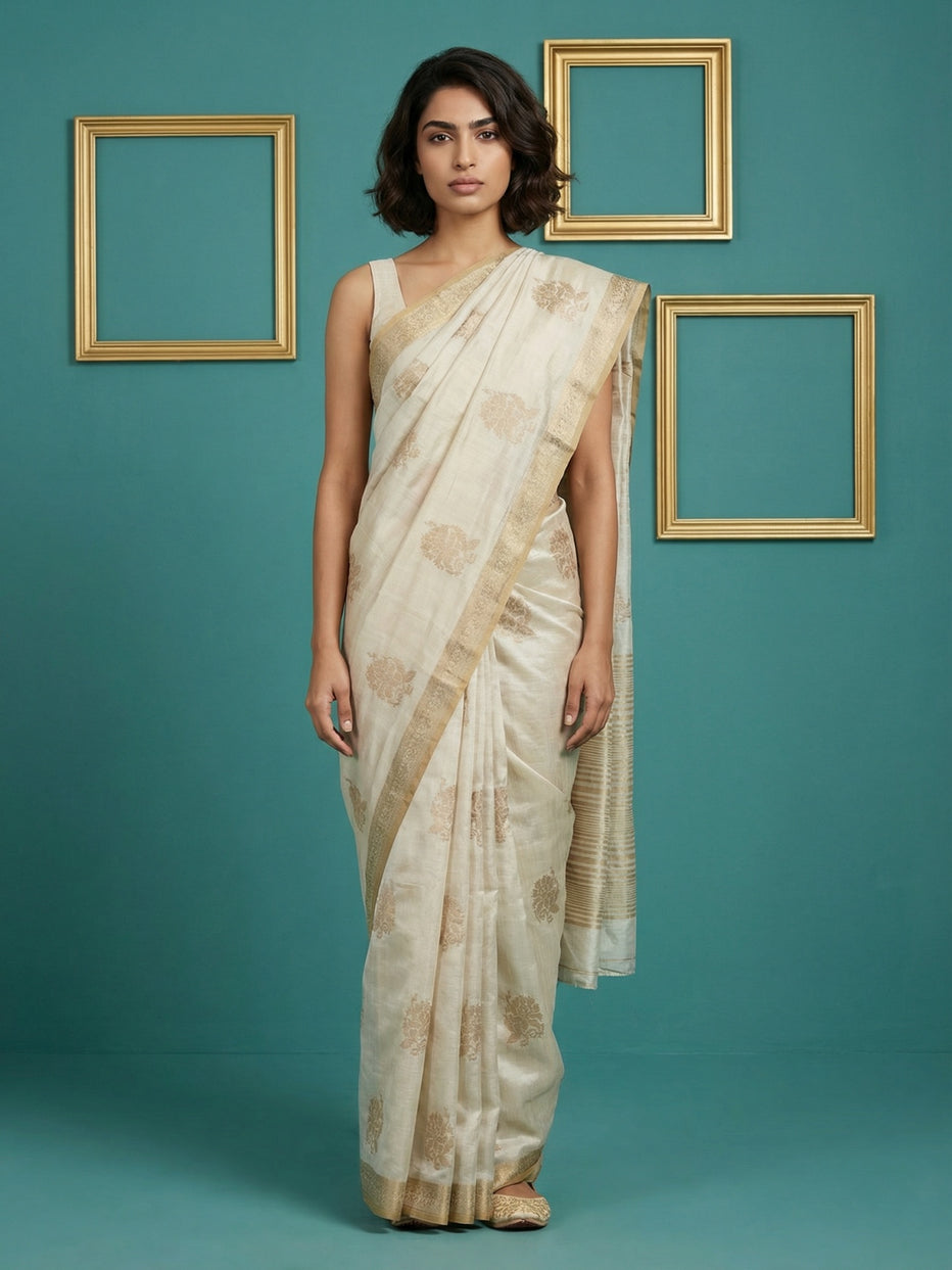 Chickoo Pure Tussar Silk Cross Stitch Embroidered Saree 