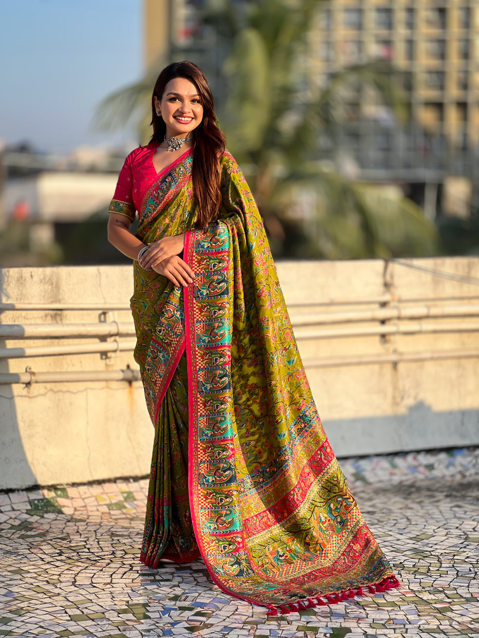 Mehendi Pure Viscose Silk Position Printed Traditional Saree