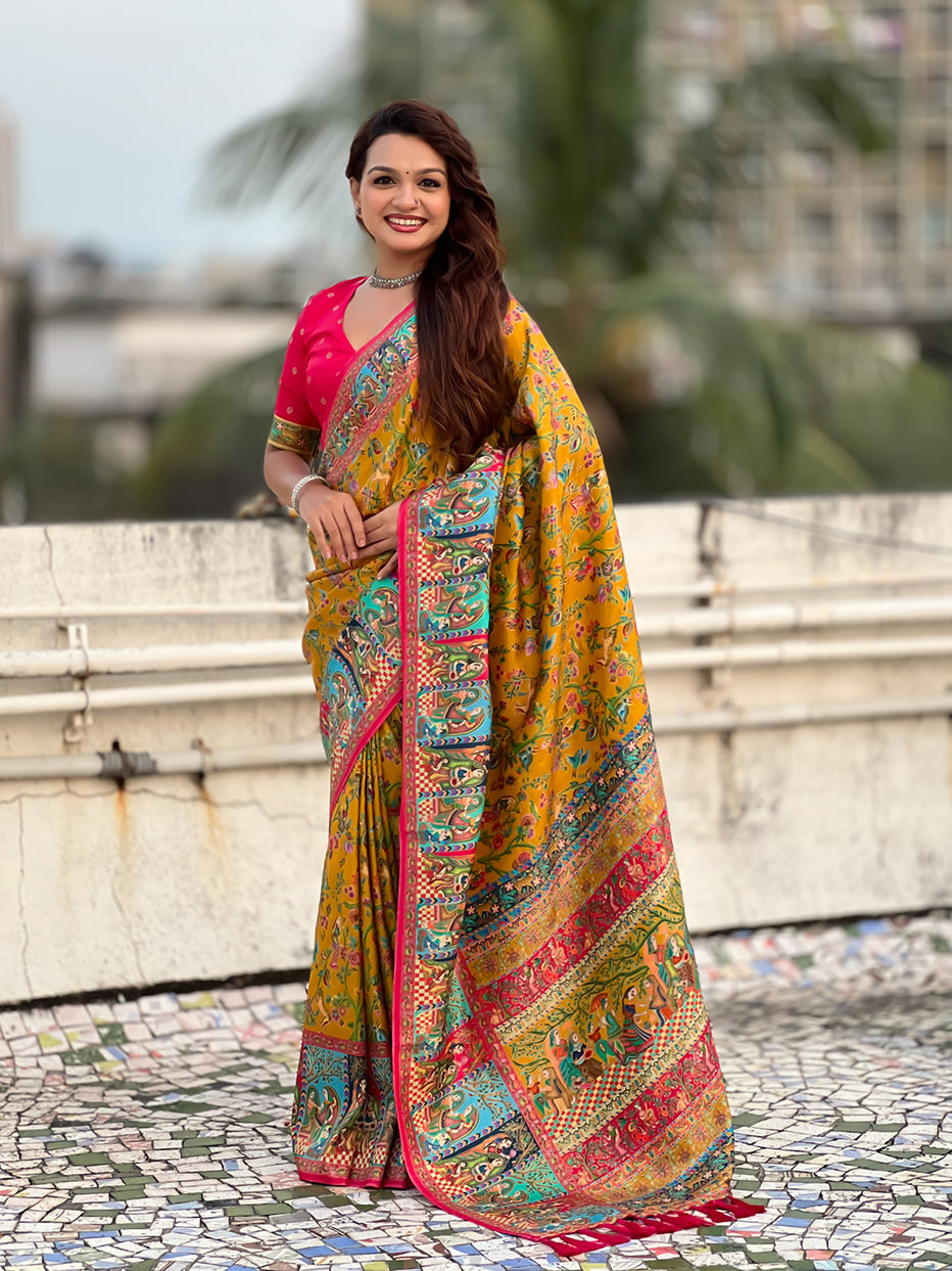 Yellow Pure Viscose Silk Position Printed Traditional Saree Soft Silk Saree Anant Tex Exports Pvt.Ltd..