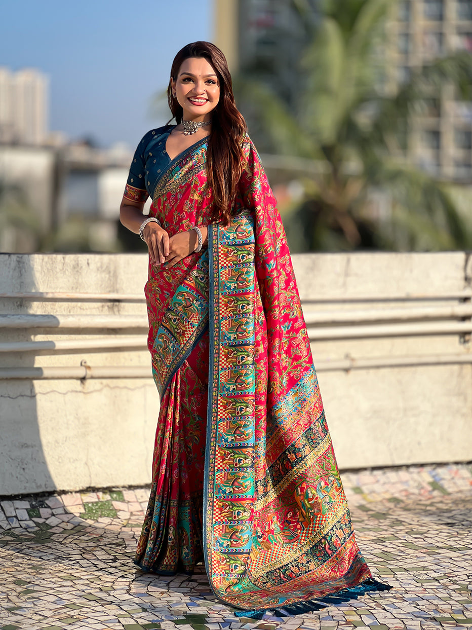 Pink Pure Viscose Silk Position Printed Traditional Saree