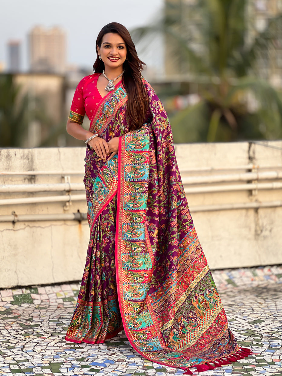 Wine Pure Viscose Silk Position Printed Traditional Saree