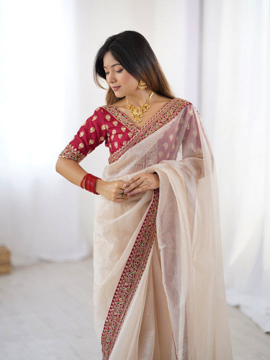Cream Pure Soft Crush Banarasi Silk Saree 