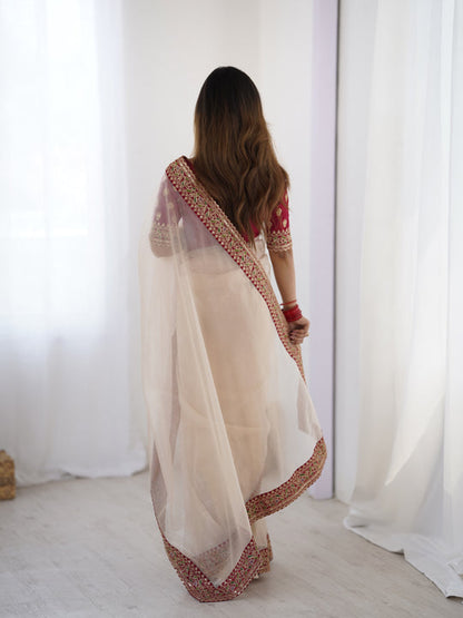 Cream Pure Soft Crush Banarasi Silk Saree 