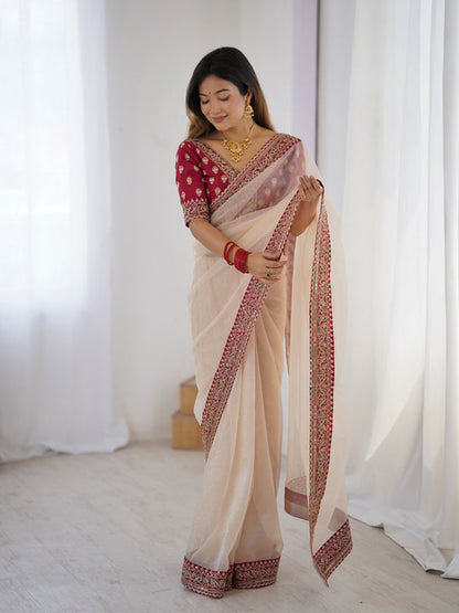 Cream Pure Soft Crush Banarasi Silk Saree 