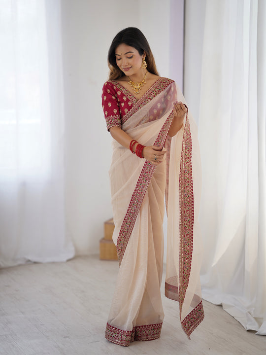 Cream Pure Soft Crush Banarasi Silk Saree ##color## Ready to Wear Saree with premium fabric and embroidery