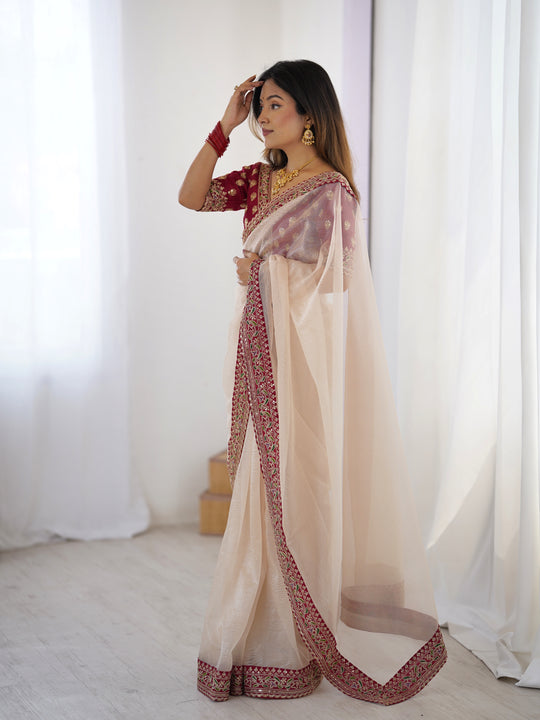 Cream Pure Soft Crush Banarasi Silk Saree ##color## Ready to Wear Saree with premium fabric and embroidery