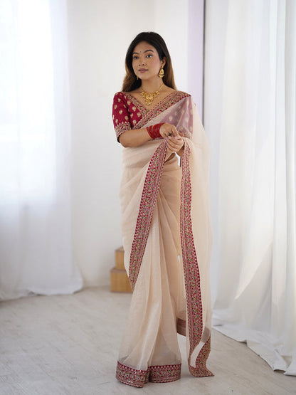 Cream Pure Soft Crush Banarasi Silk Saree 
