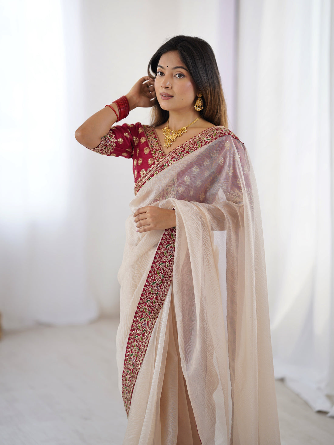 Cream Pure Soft Crush Banarasi Silk Saree 