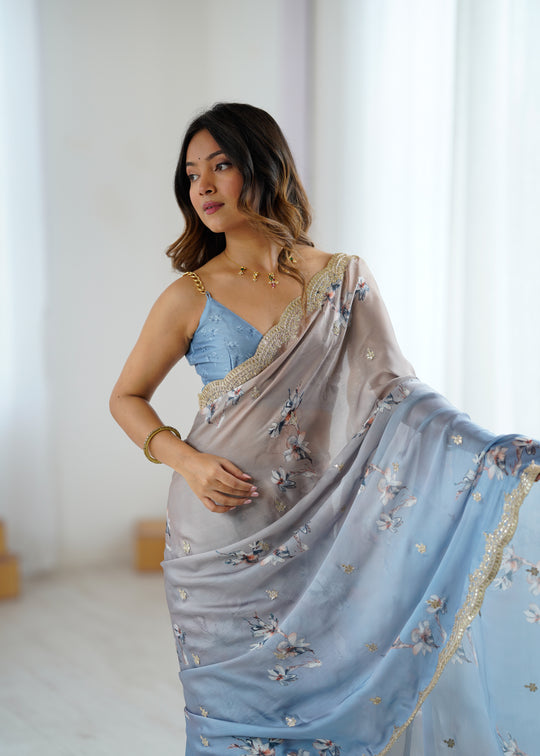 Sky Two Tone Satin Silk Sequins Embroidery Ready to Wear Saree 