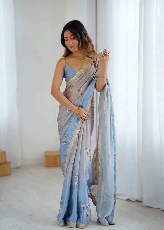 Sky Two Tone Satin Silk Sequins Embroidery Ready to Wear Saree 