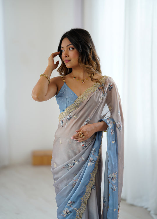 Sky Two Tone Satin Silk Sequins Embroidery Ready to Wear Saree 