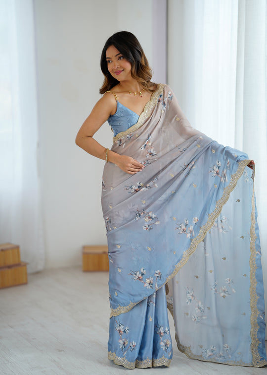 Sky Two Tone Satin Silk Sequins Embroidery Ready to Wear Saree 